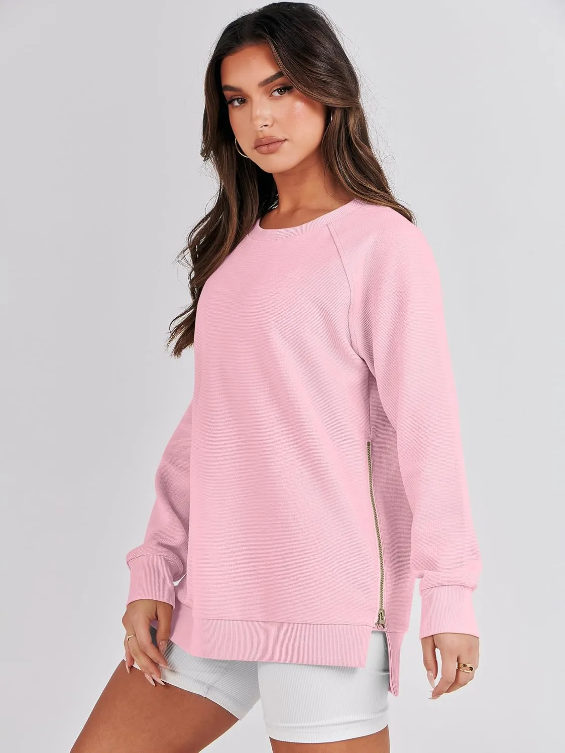 ANRABESS Women's Oversized Sweatshirts Crewneck Long Sleeve Tunic Pollover Shirts Side Zipper Hoodies 2025 Fall Clothes