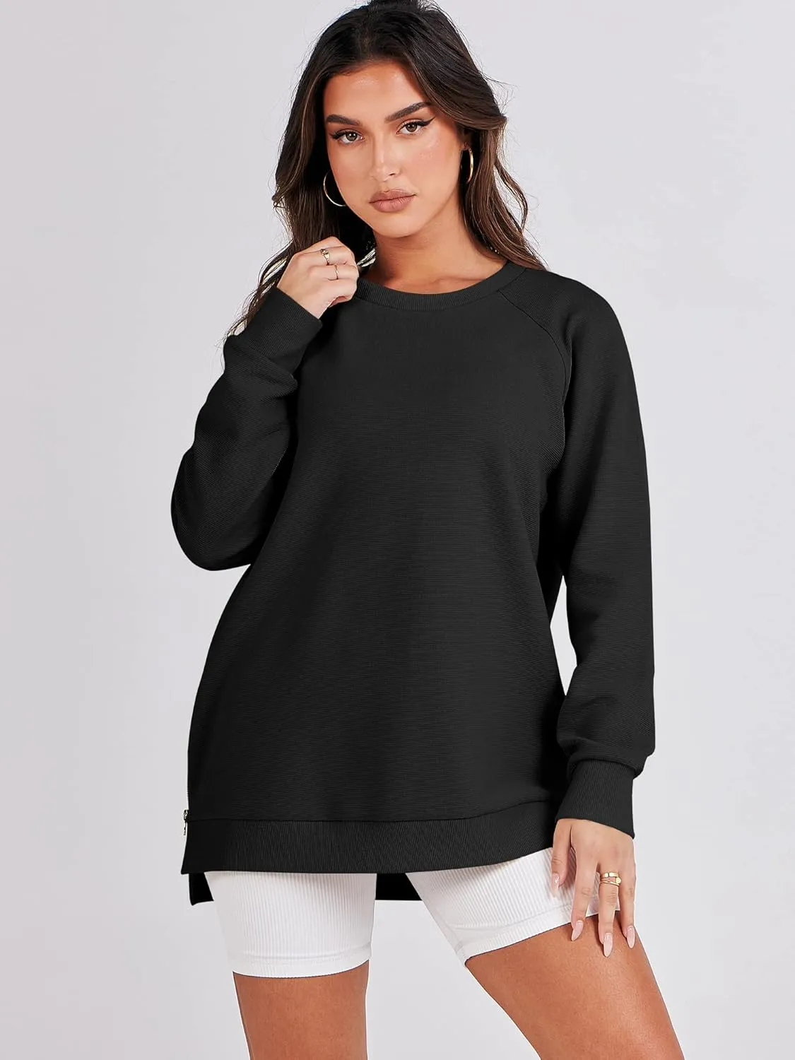 ANRABESS Women's Oversized Sweatshirts Crewneck Long Sleeve Tunic Pollover Shirts Side Zipper Hoodies 2025 Fall Clothes