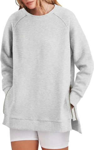 ANRABESS Women's Oversized Sweatshirts Crewneck Long Sleeve Tunic Pollover Shirts Side Zipper Hoodies 2025 Fall Clothes