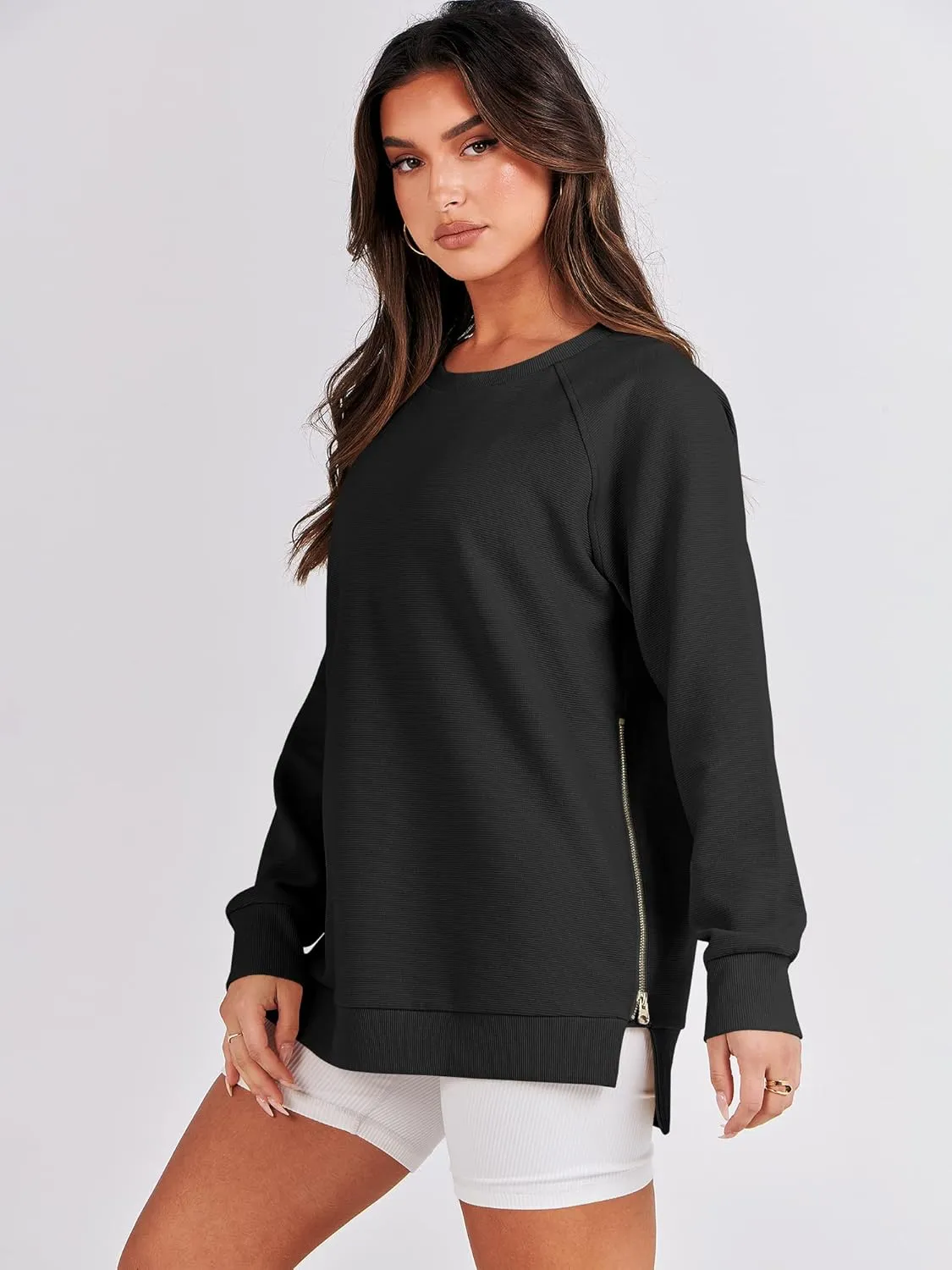 ANRABESS Women's Oversized Sweatshirts Crewneck Long Sleeve Tunic Pollover Shirts Side Zipper Hoodies 2025 Fall Clothes