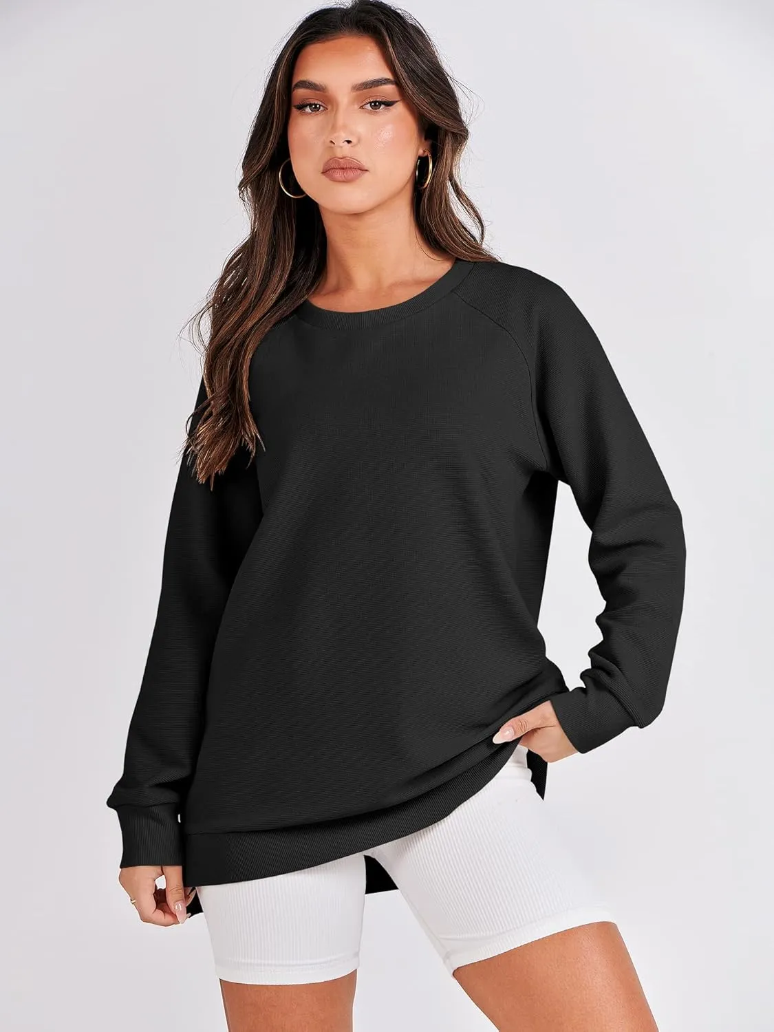 ANRABESS Women's Oversized Sweatshirts Crewneck Long Sleeve Tunic Pollover Shirts Side Zipper Hoodies 2025 Fall Clothes