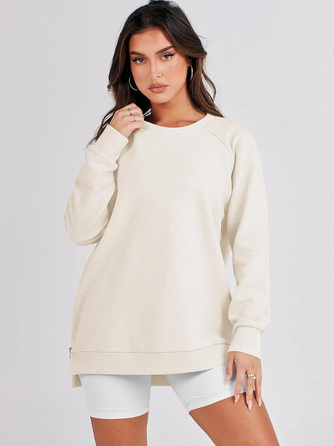 ANRABESS Women's Oversized Sweatshirts Crewneck Long Sleeve Tunic Pullover Shirts Side Zipper Hoodies 2025 Fall Clothes