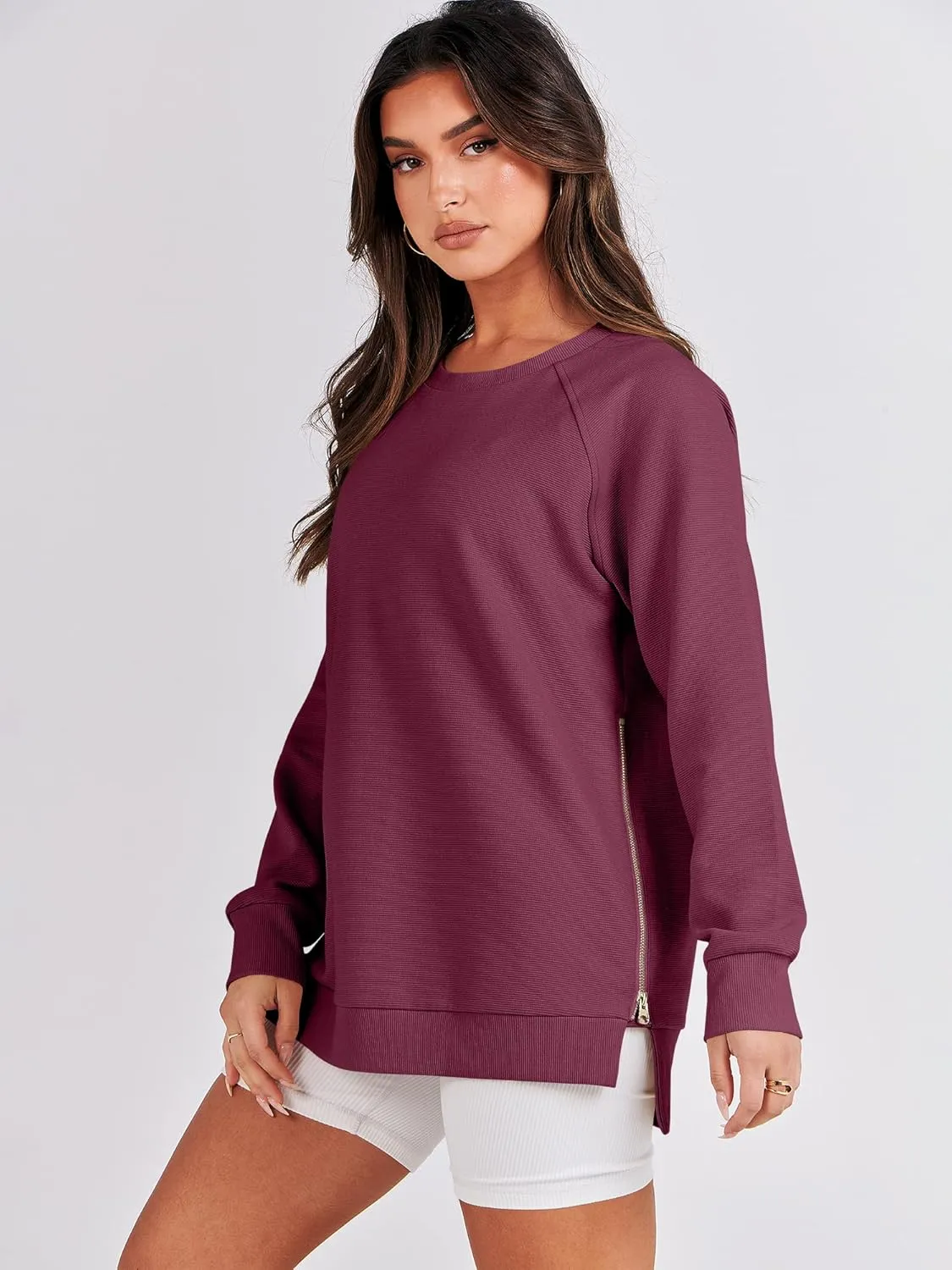 ANRABESS Women's Oversized Sweatshirts Crewneck Long Sleeve Tunic Pullover Shirts Side Zipper Hoodies 2025 Fall Clothes