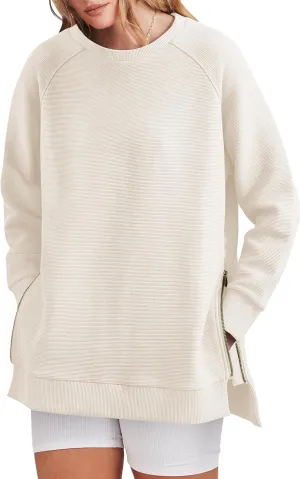 ANRABESS Women's Oversized Sweatshirts Crewneck Long Sleeve Tunic Pullover Shirts Side Zipper Hoodies 2025 Fall Clothes