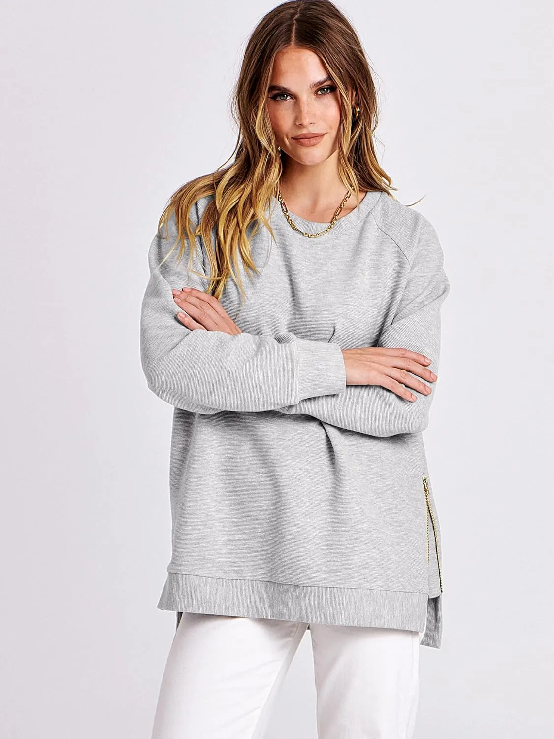 ANRABESS Women's Oversized Sweatshirts Crewneck Long Sleeve Tunic Pullover Shirts Side Zipper Hoodies 2025 Fall Clothes