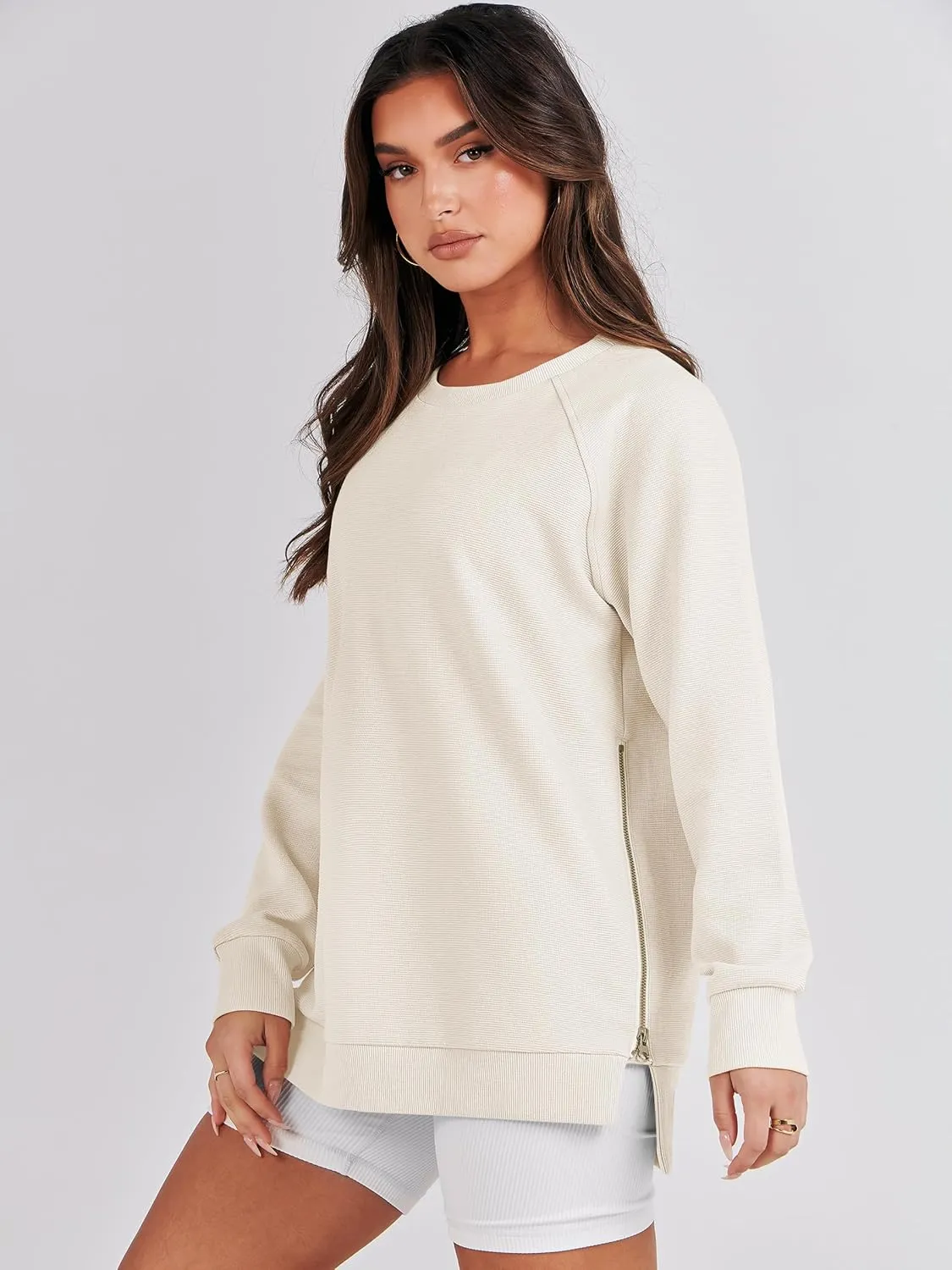 ANRABESS Women's Oversized Sweatshirts Crewneck Long Sleeve Tunic Pullover Shirts Side Zipper Hoodies 2025 Fall Clothes