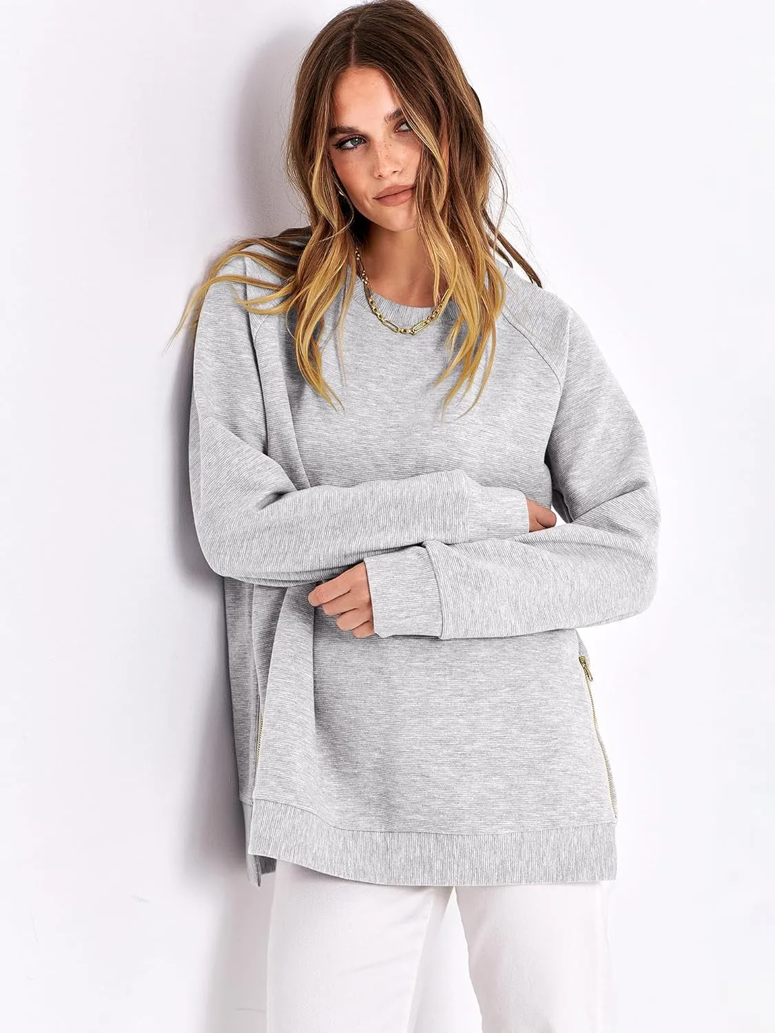 ANRABESS Women's Oversized Sweatshirts Crewneck Long Sleeve Tunic Pullover Shirts Side Zipper Hoodies 2025 Fall Clothes