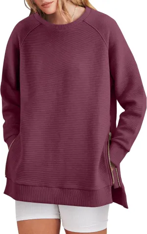 ANRABESS Women's Oversized Sweatshirts Crewneck Long Sleeve Tunic Pullover Shirts Side Zipper Hoodies 2025 Fall Clothes