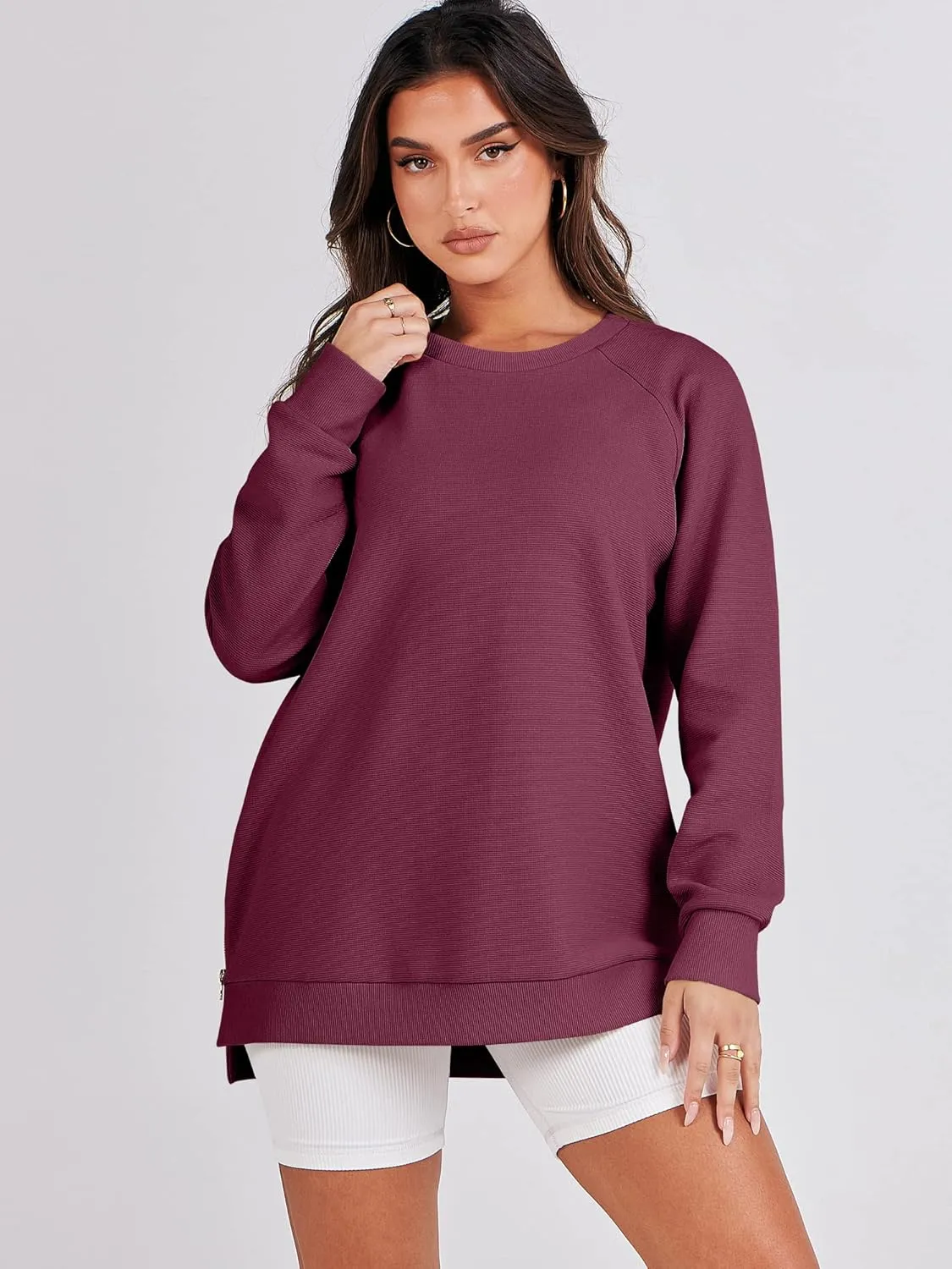 ANRABESS Women's Oversized Sweatshirts Crewneck Long Sleeve Tunic Pullover Shirts Side Zipper Hoodies 2025 Fall Clothes