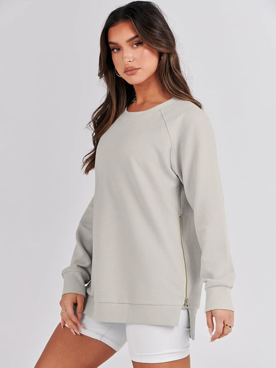 ANRABESS Women's Oversized Sweatshirts Crewneck Long Sleeve Tunic Pullover Shirts Side Zipper Hoodies 2025 Fall Clothes