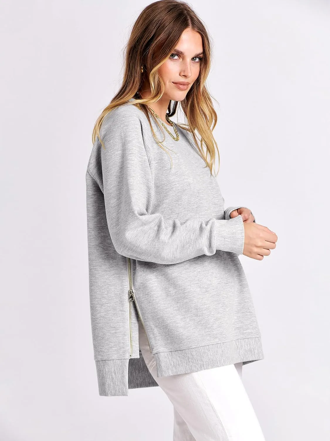 ANRABESS Women's Oversized Sweatshirts Crewneck Long Sleeve Tunic Pullover Shirts Side Zipper Hoodies 2025 Fall Clothes