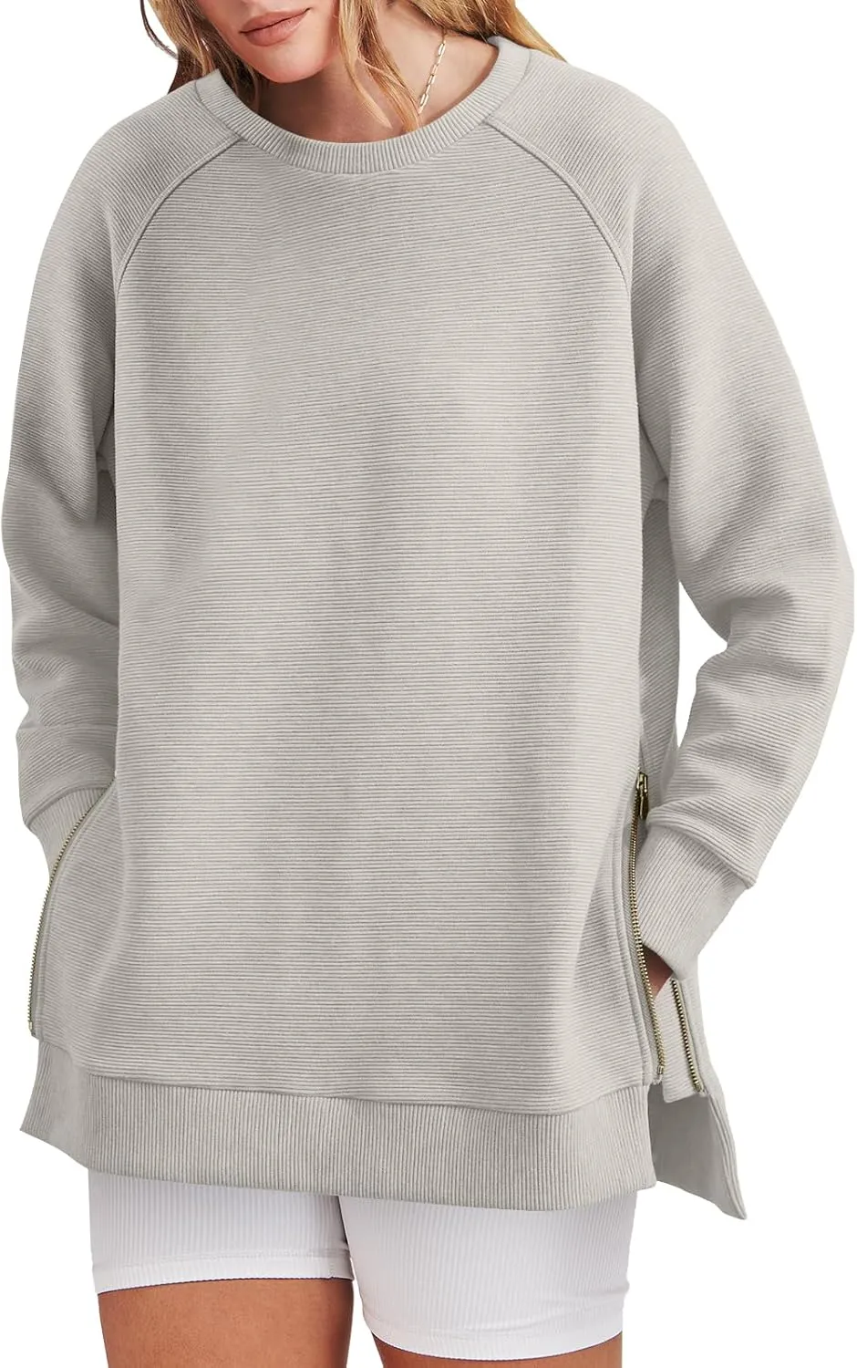 ANRABESS Women's Oversized Sweatshirts Crewneck Long Sleeve Tunic Pullover Shirts Side Zipper Hoodies 2025 Fall Clothes