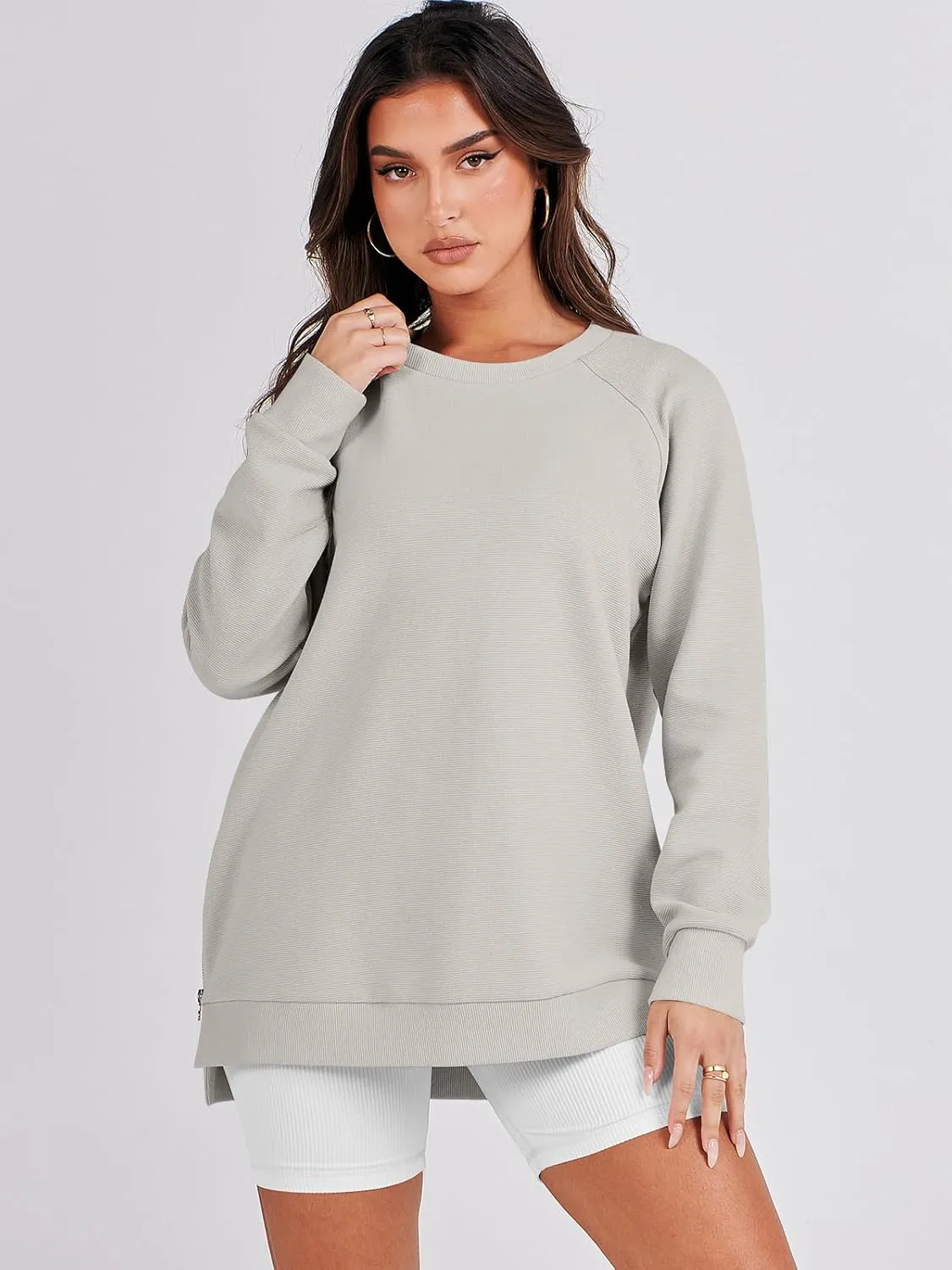 ANRABESS Women's Oversized Sweatshirts Crewneck Long Sleeve Tunic Pullover Shirts Side Zipper Hoodies 2025 Fall Clothes