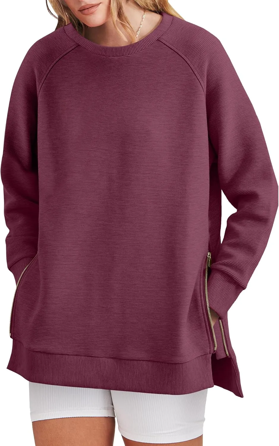 ANRABESS Women's Oversized Sweatshirts Crewneck Long Sleeve Tunic Pullover Shirts Side Zipper Hoodies 2025 Fall Clothes