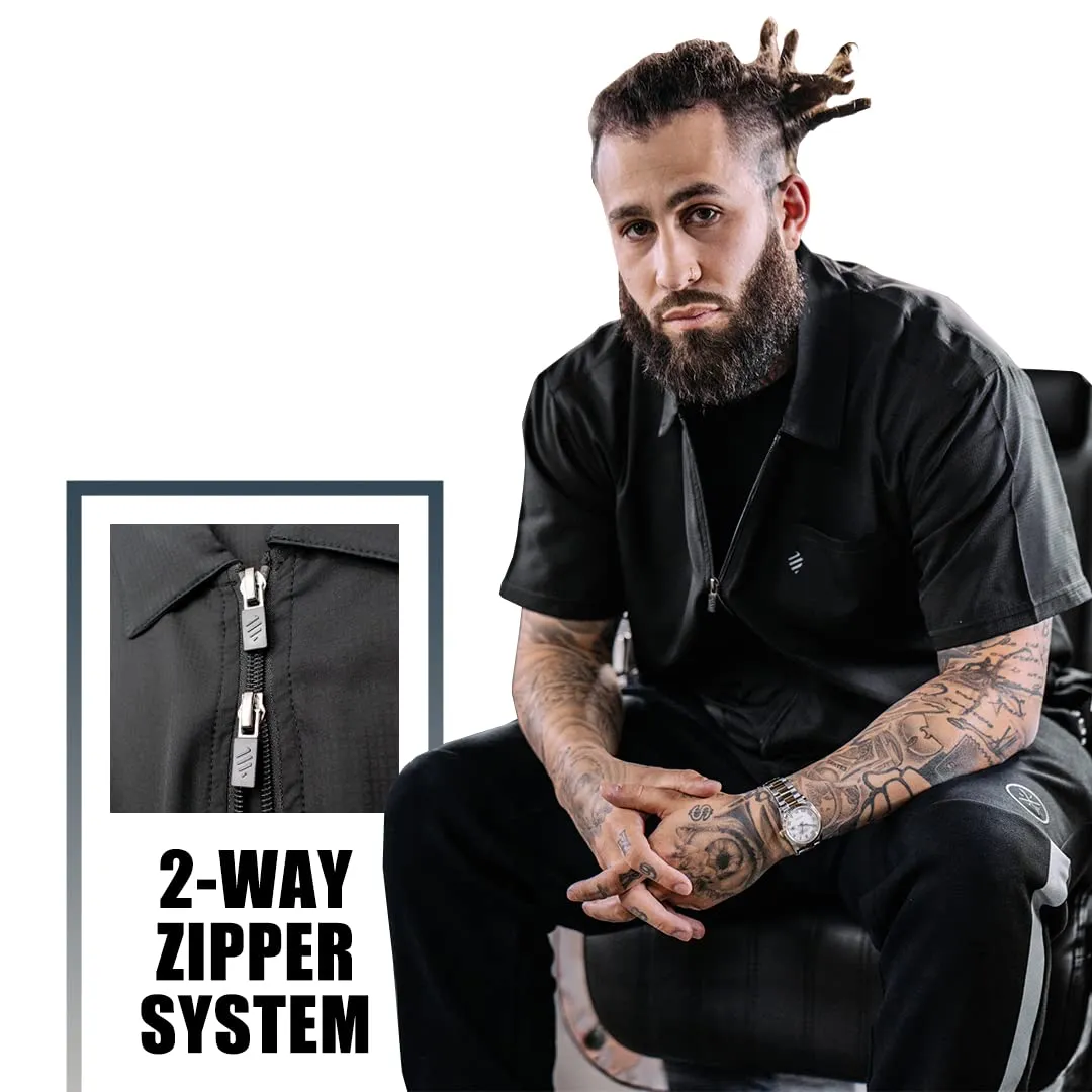 Barber Strong Barber Jacket, Men's Black, Hair Repellent, Lightweight and Breathable Vented Side Panels, Features Easy Hair Removal and 2-Way Zipper Closure, L, Great for Pet Grooming