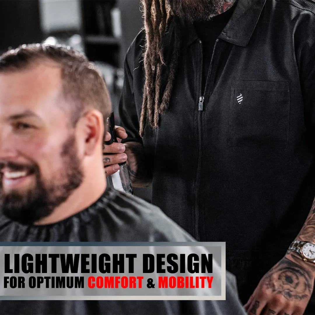Barber Strong Barber Jacket, Men's Black, Hair Repellent, Lightweight and Breathable Vented Side Panels, Features Easy Hair Removal and 2-Way Zipper Closure, L, Great for Pet Grooming