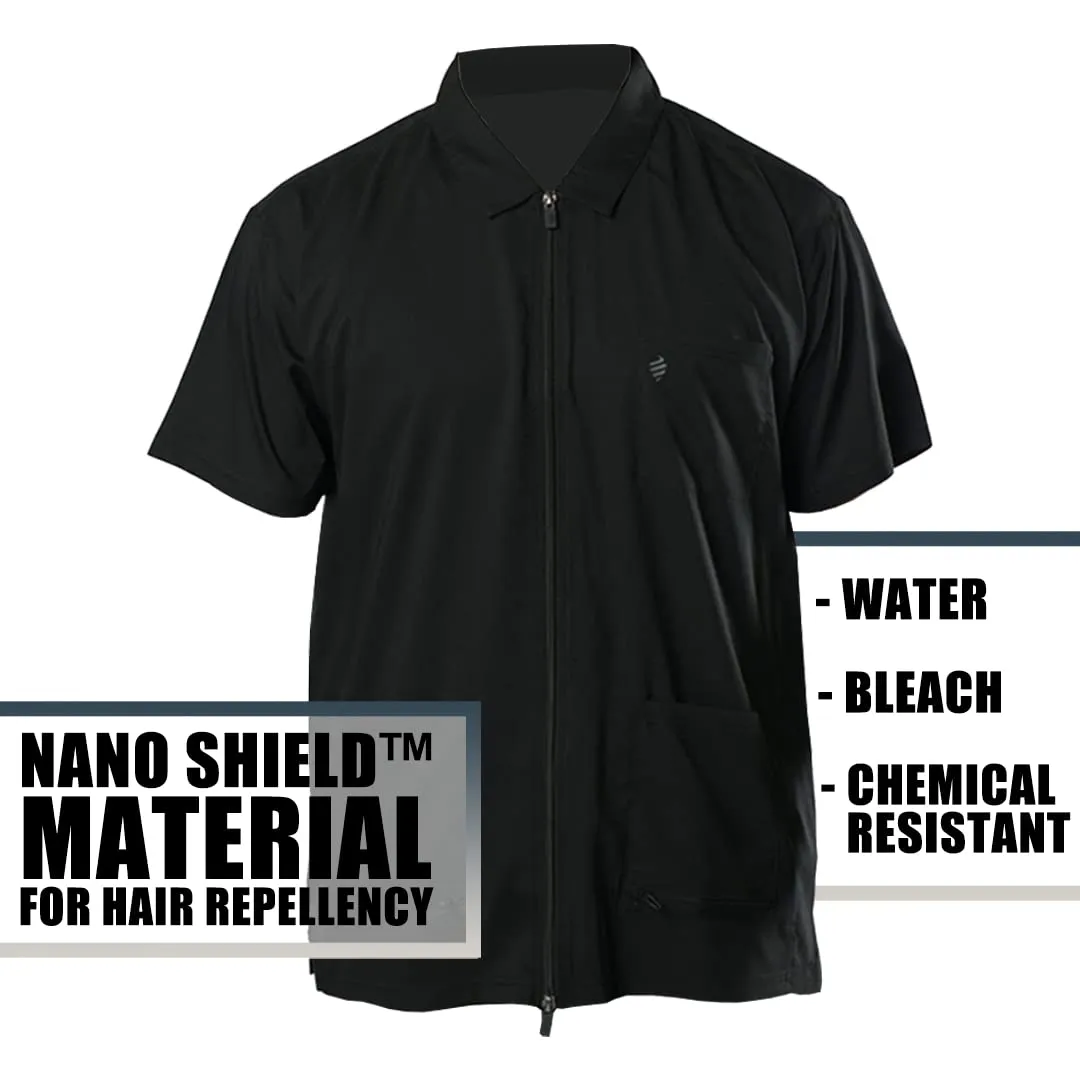 Barber Strong Barber Jacket, Men's Black, Hair Repellent, Lightweight and Breathable Vented Side Panels, Features Easy Hair Removal and 2-Way Zipper Closure, L, Great for Pet Grooming