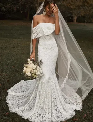 Beach Vintage Boho Wedding Dresses Mermaid / Trumpet Off Shoulder Short Sleeve Court Train Lace Bridal Gowns With Solid Color Summer Wedding Party
