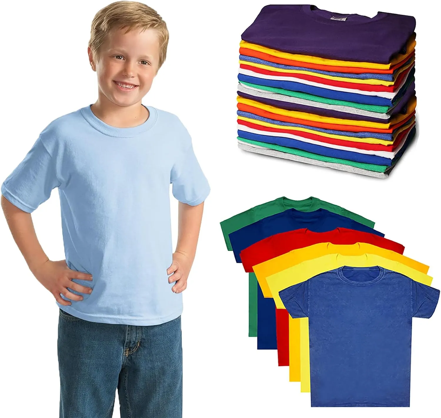 BILLIONHATS 12 Pack Kids Cotton Tshirts Bulk, Wholesale Unisex Children Tees, Lightweight Tshirt Packs for Boys Girls