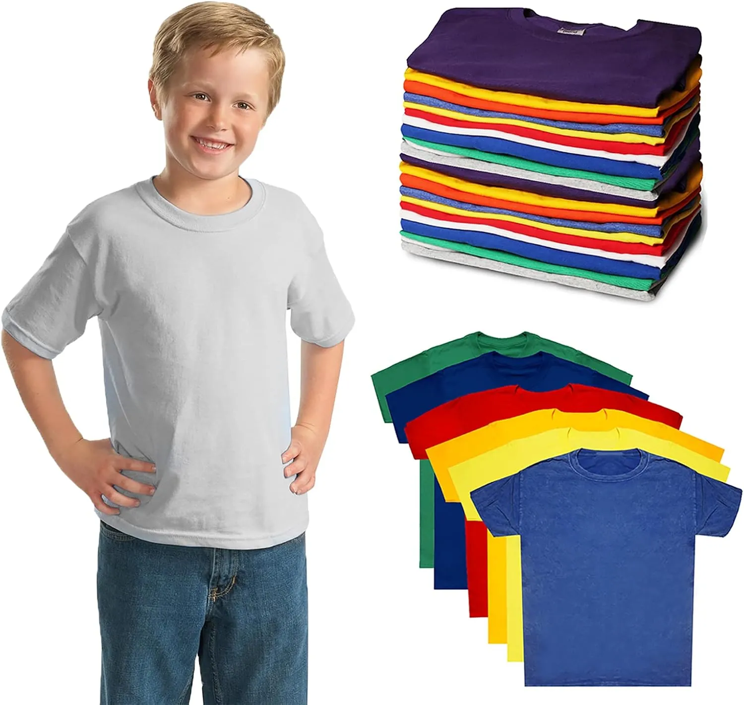 BILLIONHATS 12 Pack Kids Cotton Tshirts Bulk, Wholesale Unisex Children Tees, Lightweight Tshirt Packs for Boys Girls