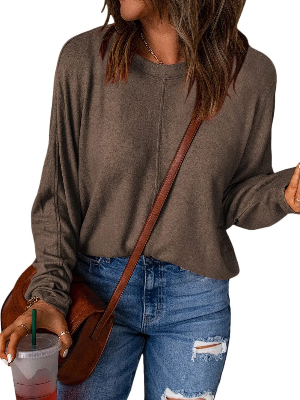 Brown Solid Color Crew Neck Long Sleeve Casual Top