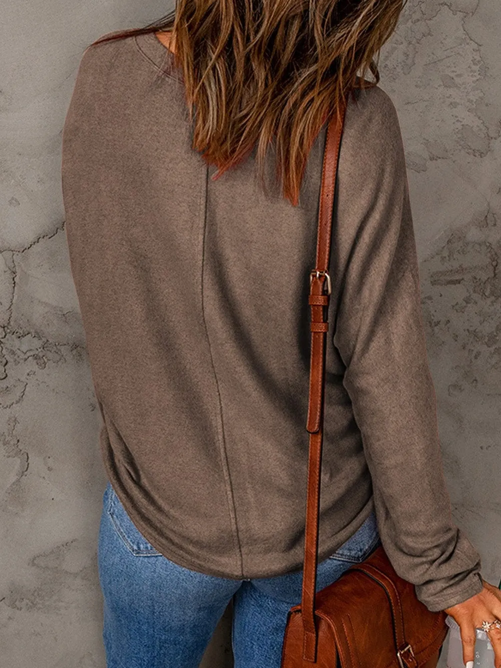 Brown Solid Color Crew Neck Long Sleeve Casual Top