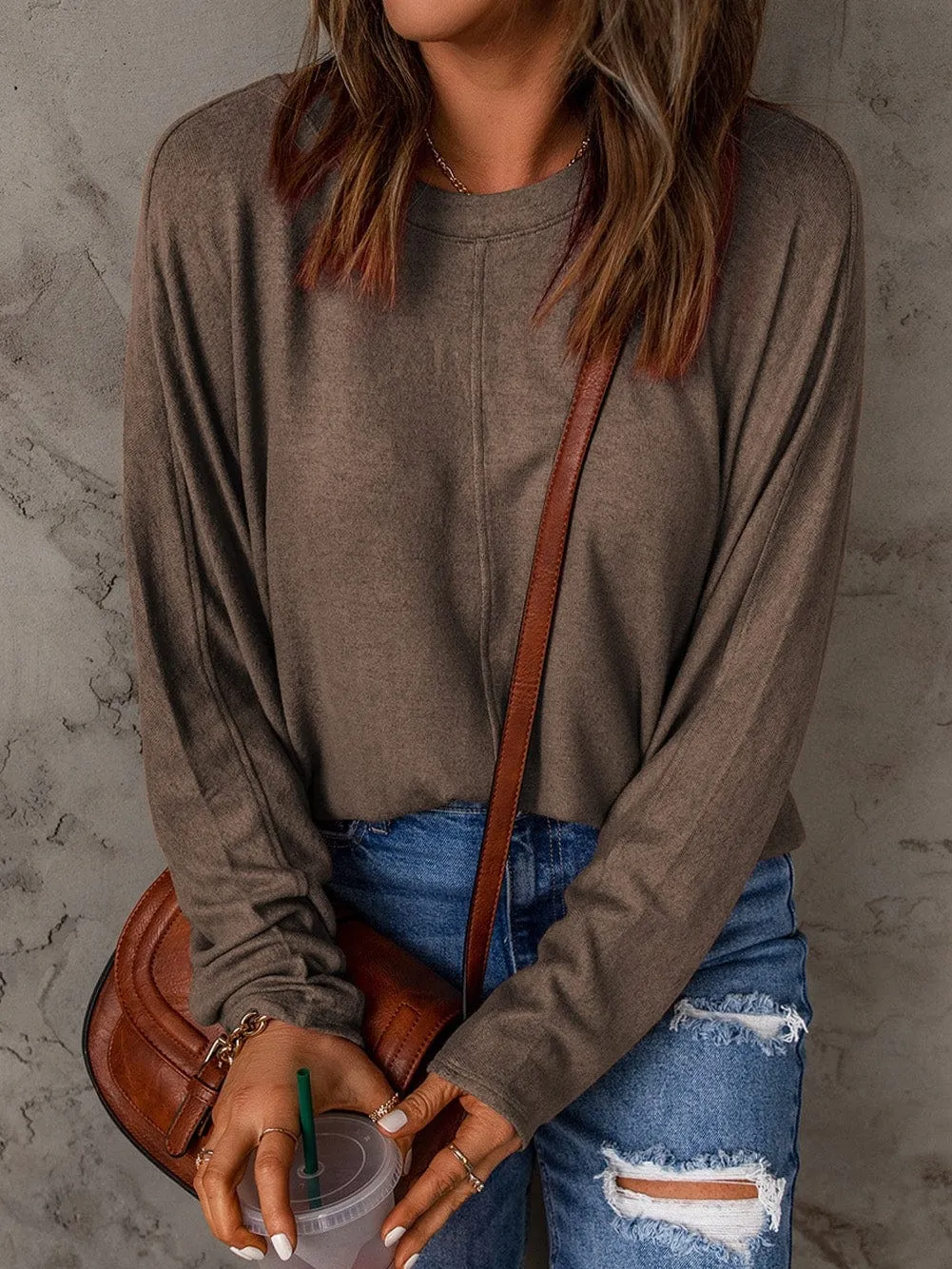 Brown Solid Color Crew Neck Long Sleeve Casual Top