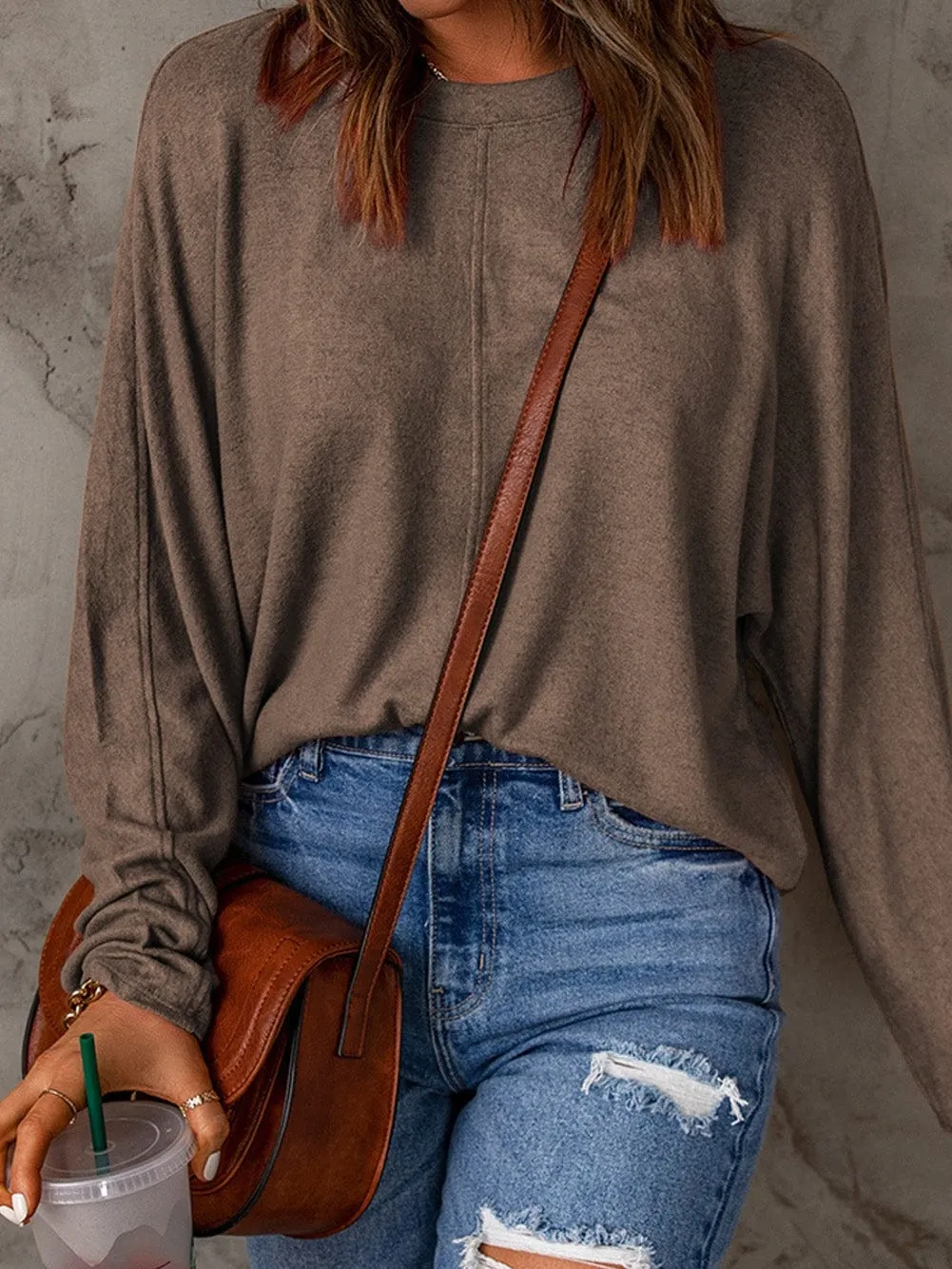 Brown Solid Color Crew Neck Long Sleeve Casual Top