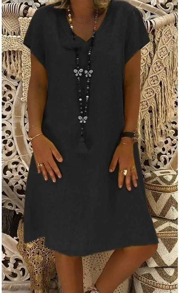 Casual Summer Dresses for Women 2025,Women's Midi Dress Summer Plain Simple Short Sleeve V-Neck T-Shirt Trendy Dresses