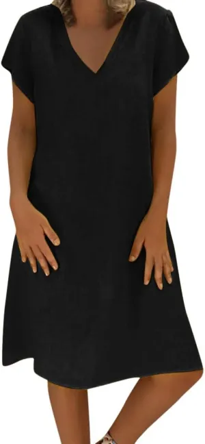 Casual Summer Dresses for Women 2025,Women's Midi Dress Summer Plain Simple Short Sleeve V-Neck T-Shirt Trendy Dresses