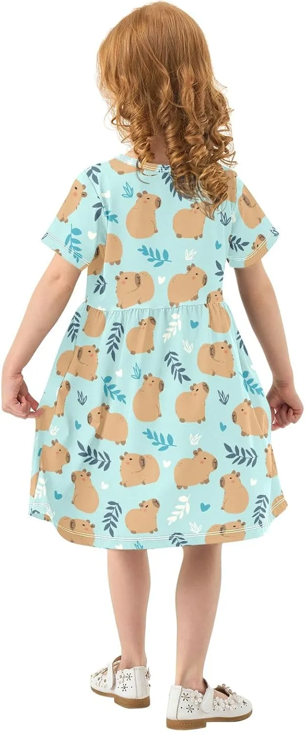 Cute Capybara Simple Flower Pattern Summer Girls Short Sleeve Dress Casual Dresses Beach Sundress for 2-8 Years