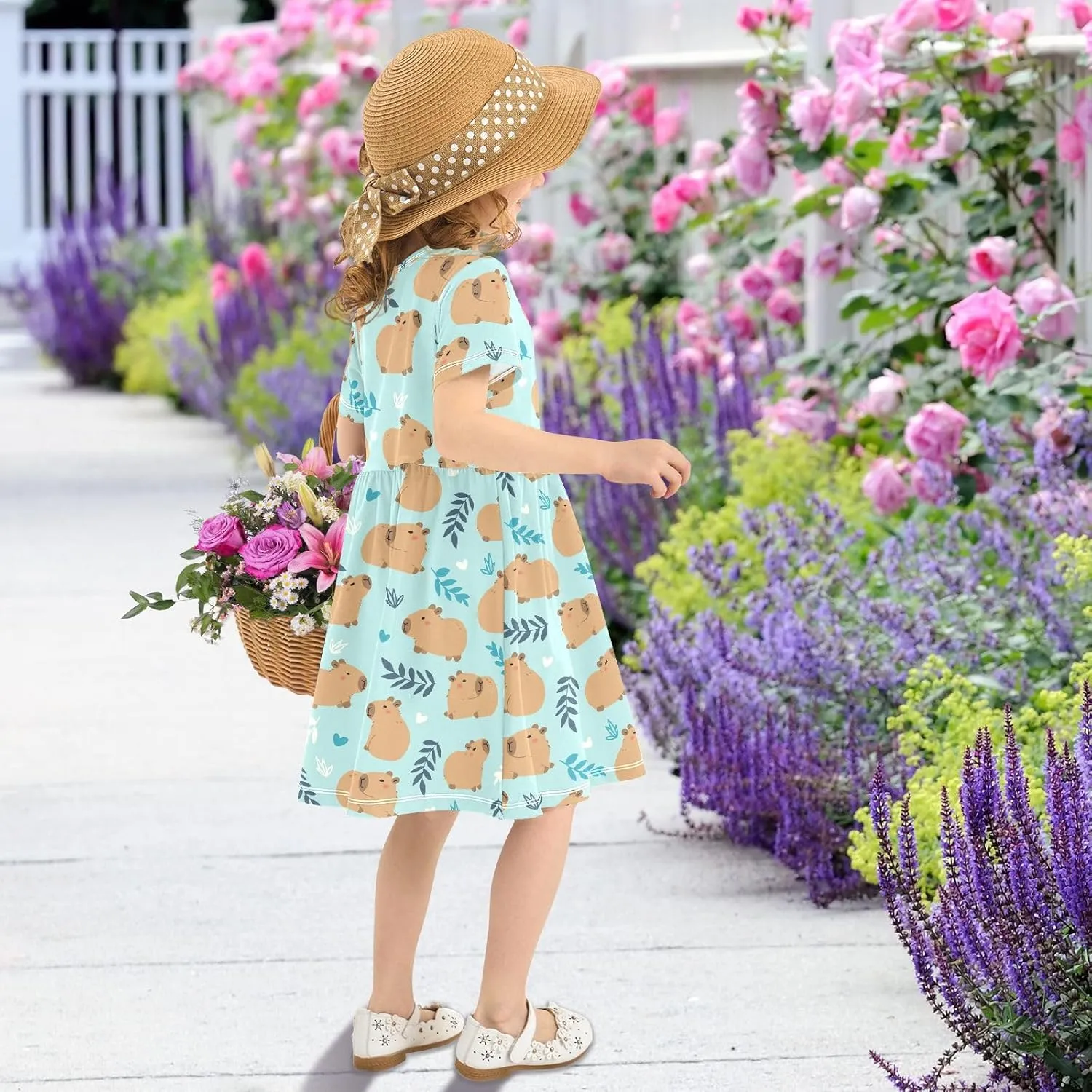 Cute Capybara Simple Flower Pattern Summer Girls Short Sleeve Dress Casual Dresses Beach Sundress for 2-8 Years