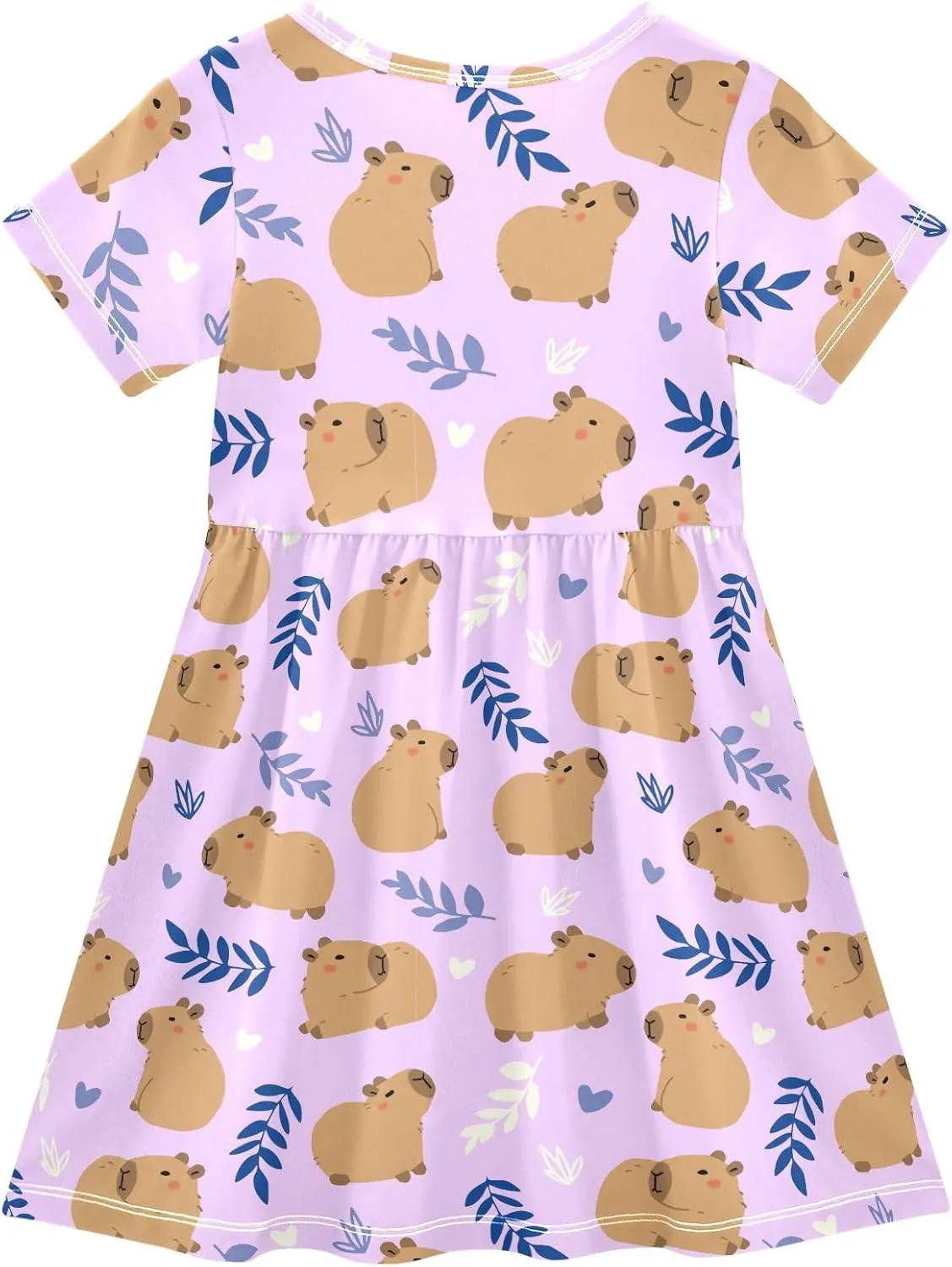 Cute Capybara Simple Flower Pattern Summer Girls Short Sleeve Dress Casual Dresses Beach Sundress for 2-8 Years