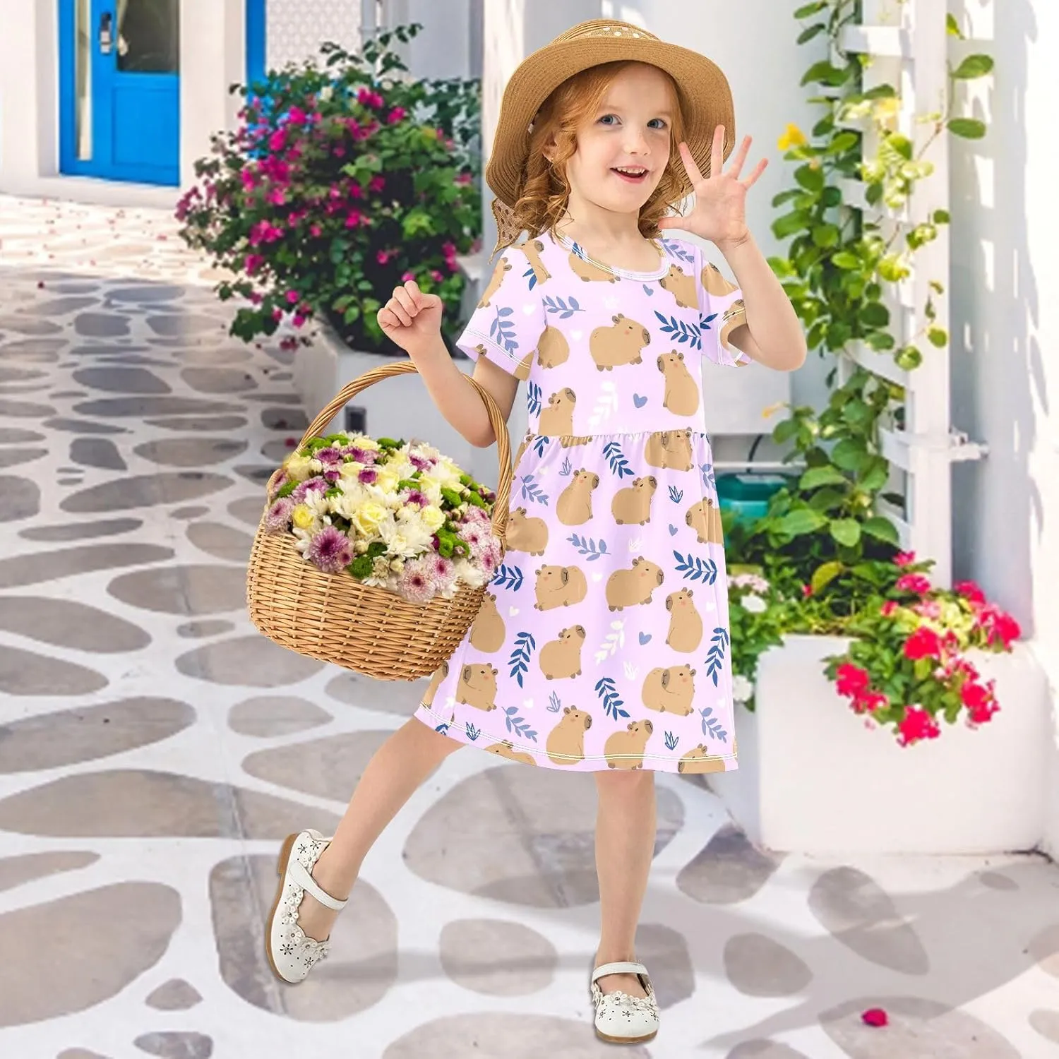 Cute Capybara Simple Flower Pattern Summer Girls Short Sleeve Dress Casual Dresses Beach Sundress for 2-8 Years