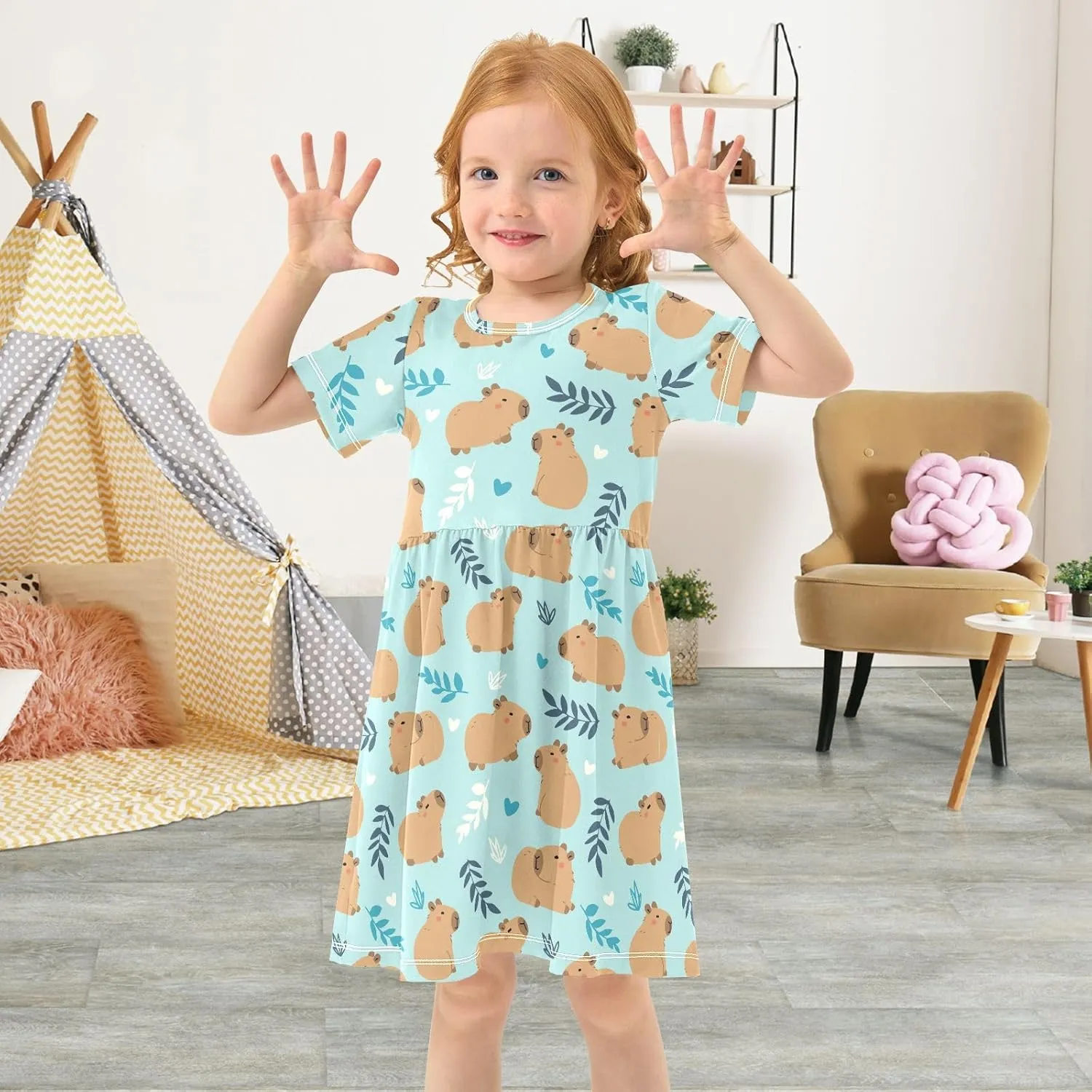 Cute Capybara Simple Flower Pattern Summer Girls Short Sleeve Dress Casual Dresses Beach Sundress for 2-8 Years