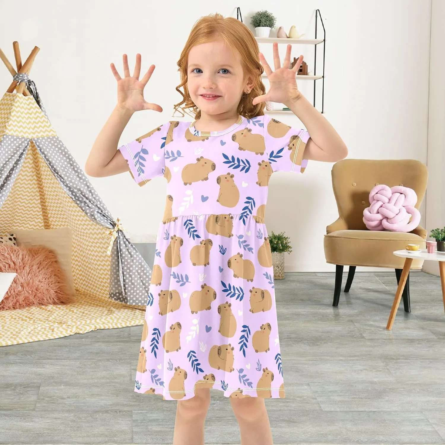 Cute Capybara Simple Flower Pattern Summer Girls Short Sleeve Dress Casual Dresses Beach Sundress for 2-8 Years