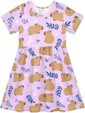Cute Capybara Simple Flower Pattern Summer Girls Short Sleeve Dress Casual Dresses Beach Sundress for 2-8 Years