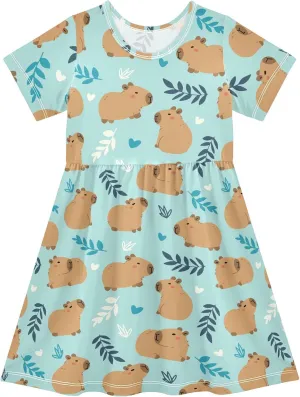 Cute Capybara Simple Flower Pattern Summer Girls Short Sleeve Dress Casual Dresses Beach Sundress for 2-8 Years