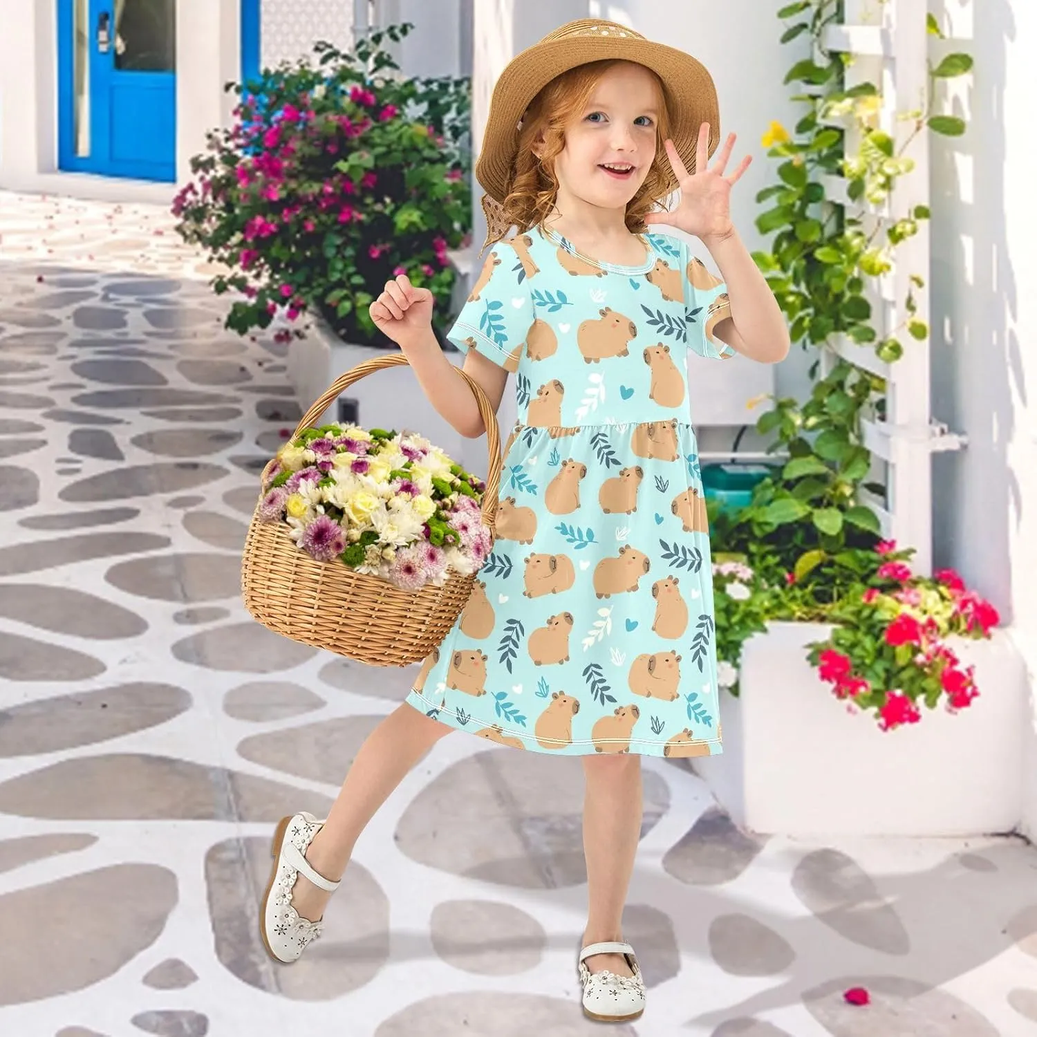 Cute Capybara Simple Flower Pattern Summer Girls Short Sleeve Dress Casual Dresses Beach Sundress for 2-8 Years