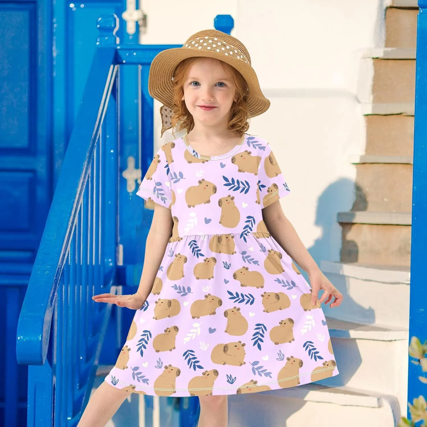 Cute Capybara Simple Flower Pattern Summer Girls Short Sleeve Dress Casual Dresses Beach Sundress for 2-8 Years