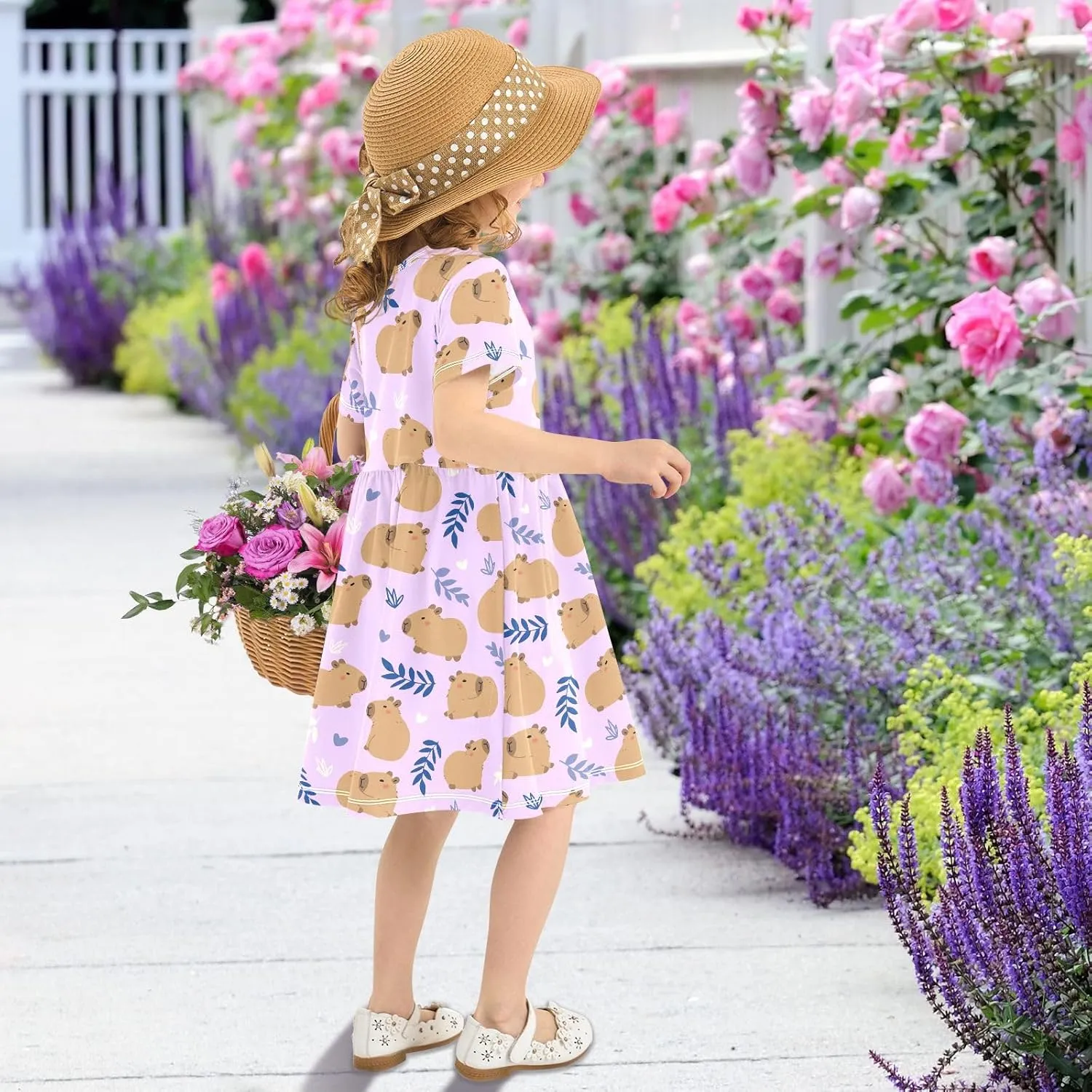 Cute Capybara Simple Flower Pattern Summer Girls Short Sleeve Dress Casual Dresses Beach Sundress for 2-8 Years