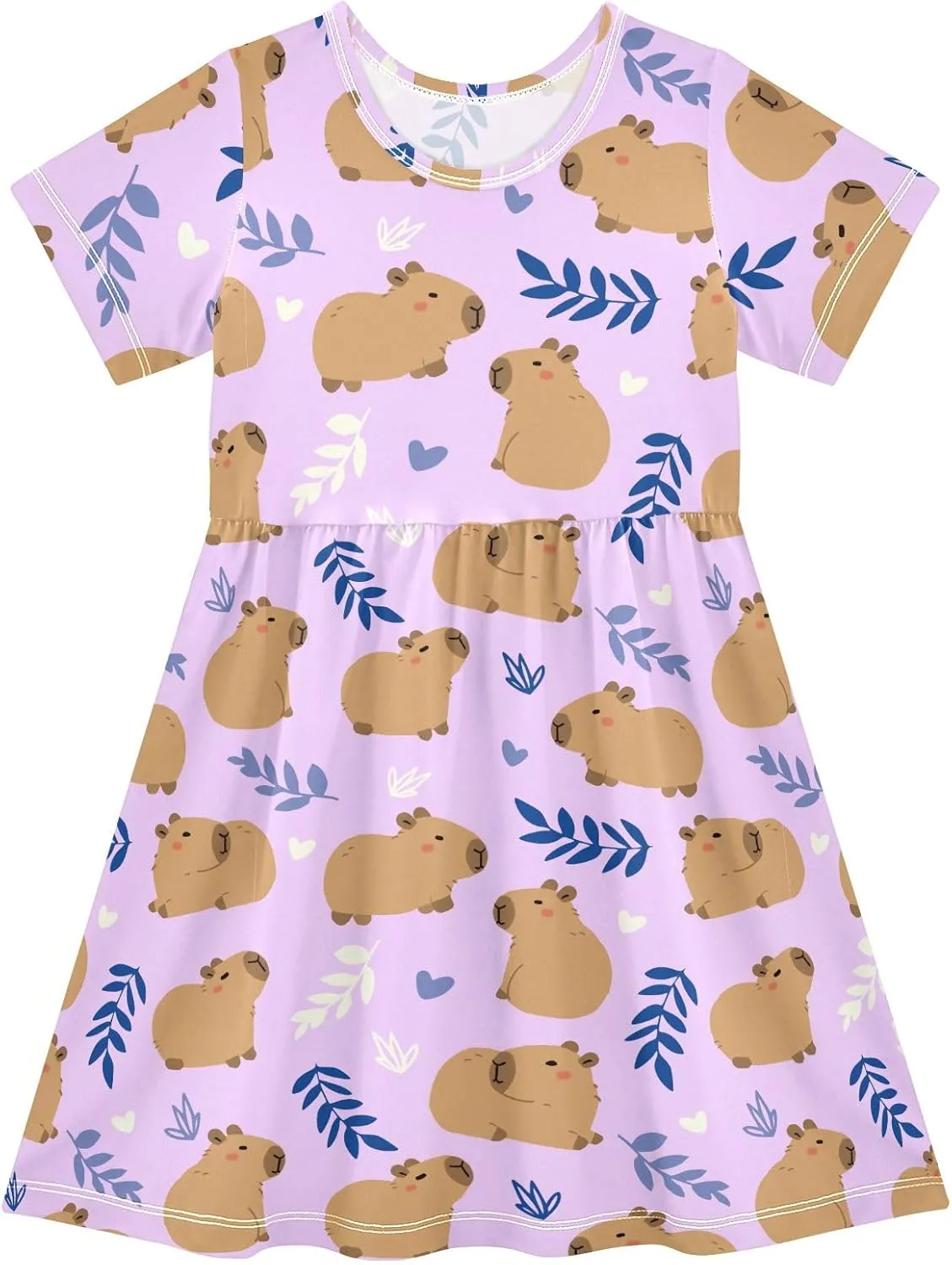 Cute Capybara Simple Flower Pattern Summer Girls Short Sleeve Dress Casual Dresses Beach Sundress for 2-8 Years