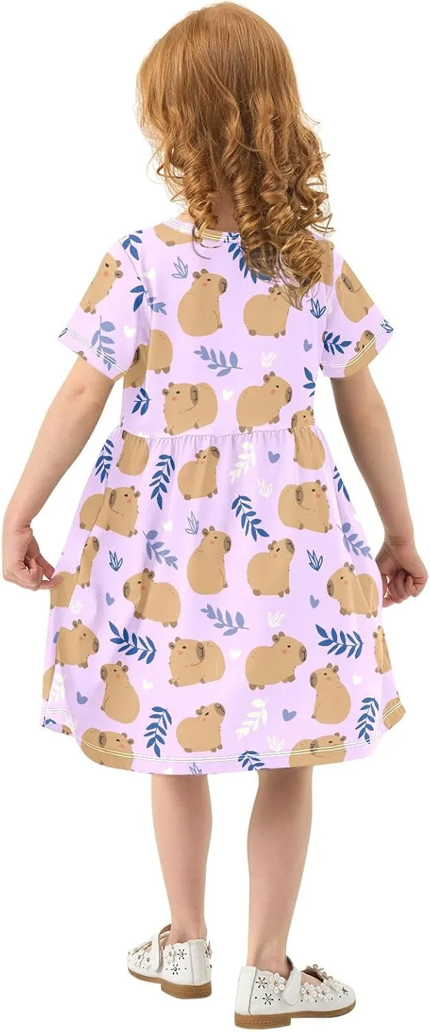 Cute Capybara Simple Flower Pattern Summer Girls Short Sleeve Dress Casual Dresses Beach Sundress for 2-8 Years