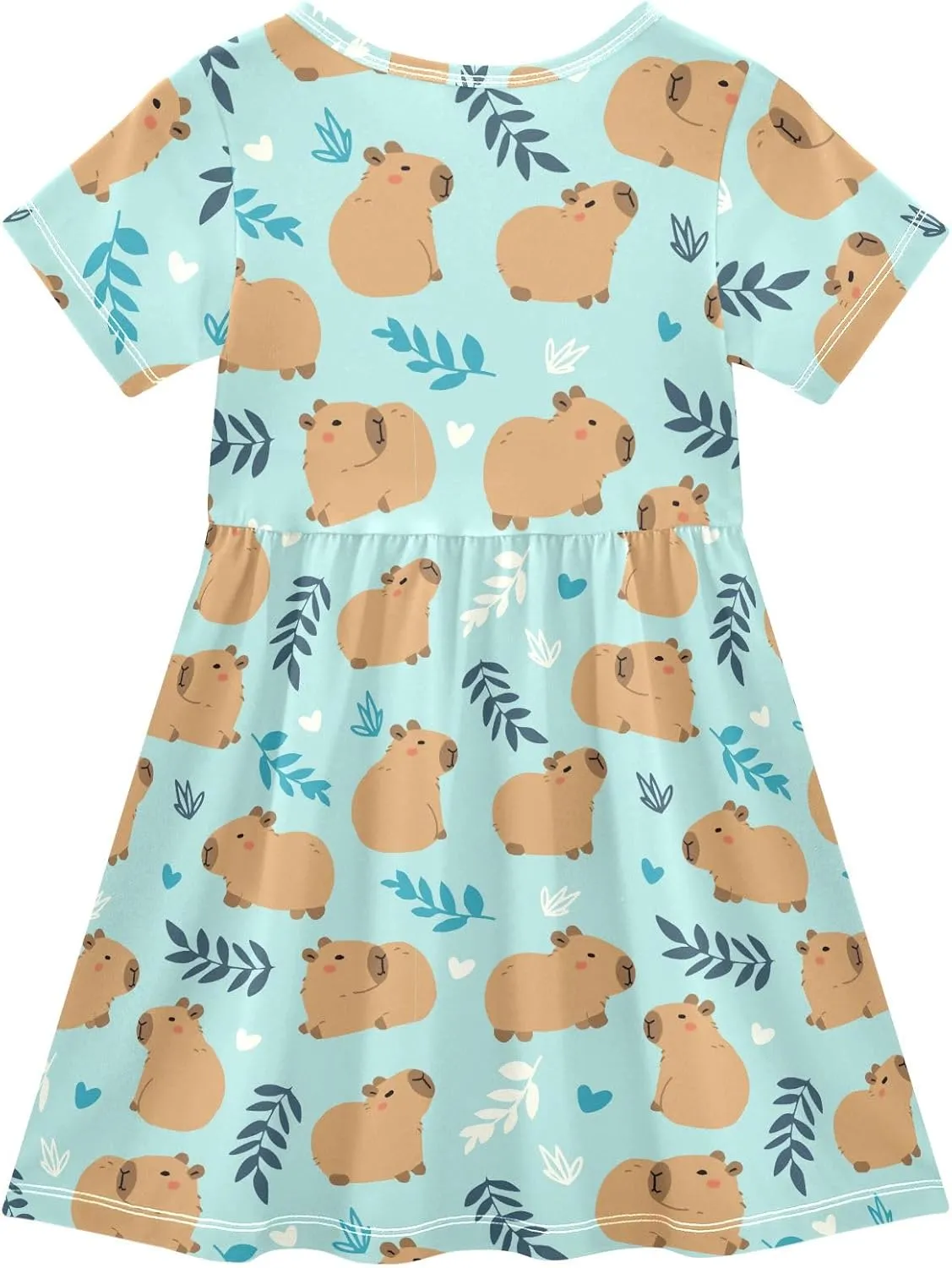 Cute Capybara Simple Flower Pattern Summer Girls Short Sleeve Dress Casual Dresses Beach Sundress for 2-8 Years