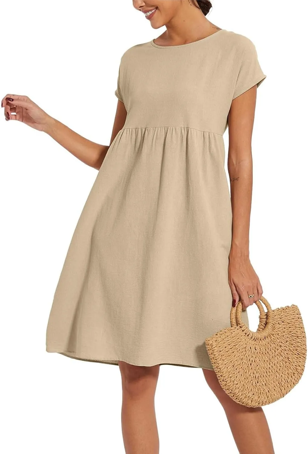 Dresses for Women 2025 Summer Cotton Linen Short Sleeve Midi Dress Plus Size Trendy Boho Beach Sundress with Pockets