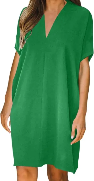 Dresses for Women V Neck Spring Summer Ruffle Short Sleeve Simple Mini Dress Casual Flowy Shift Graduation Dress with Pockets