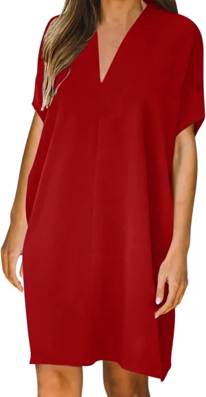Dresses for Women V Neck Spring Summer Ruffle Short Sleeve Simple Mini Dress Casual Flowy Shift Graduation Dress with Pockets