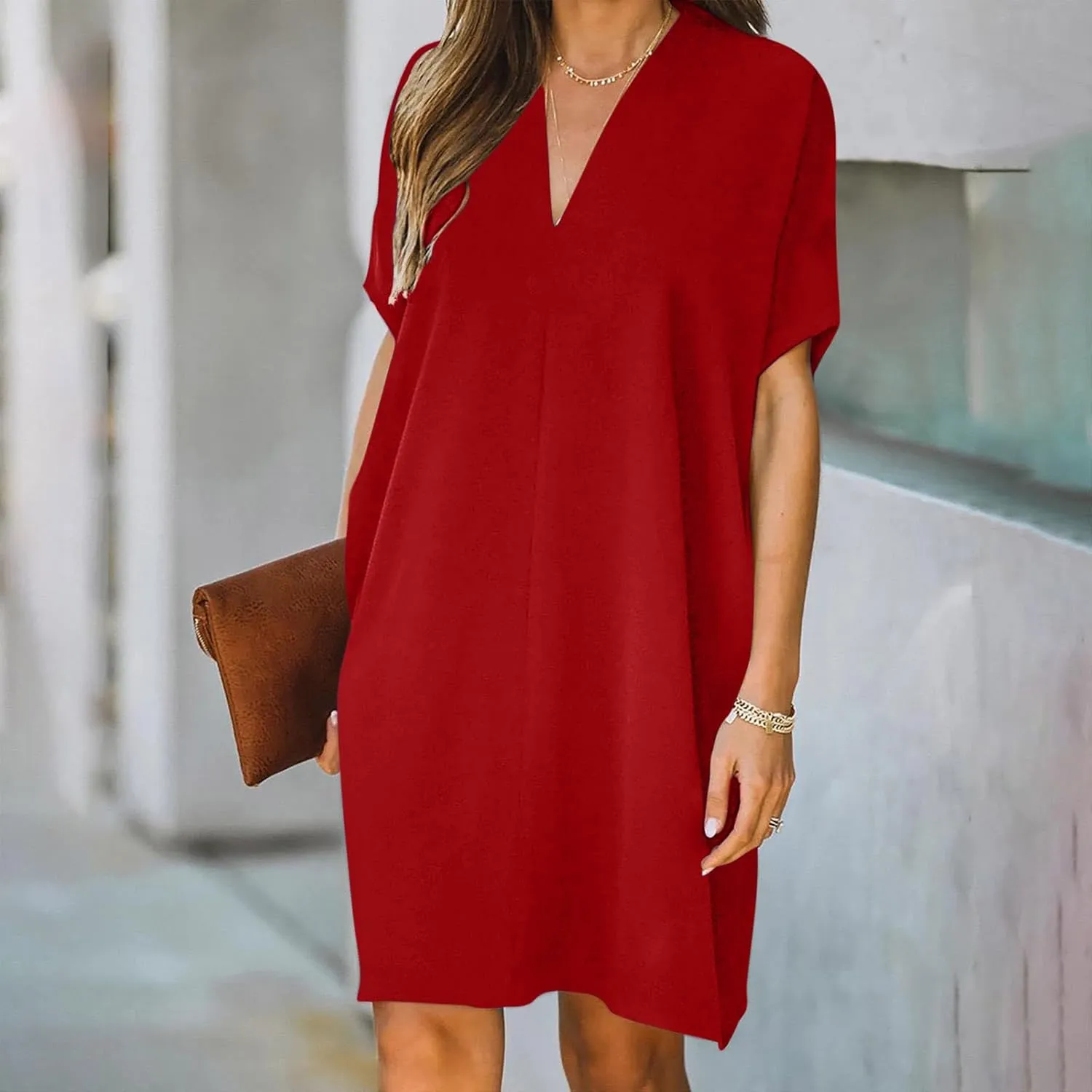 Dresses for Women V Neck Spring Summer Ruffle Short Sleeve Simple Mini Dress Casual Flowy Shift Graduation Dress with Pockets