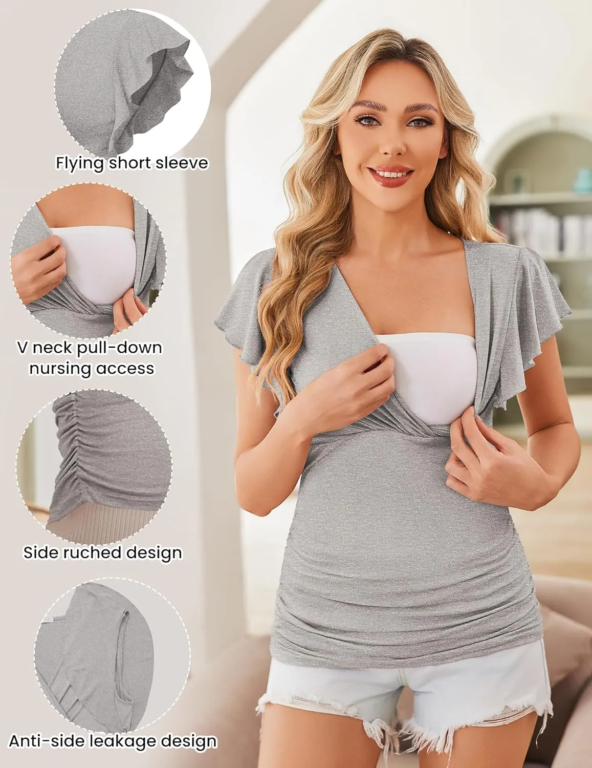 Ekouaer Women's Maternity Shirts 3 Packs Nursing Tops Flying Short Sleeve Breastfeeding Tees Side Ruched Pregnancy Clothes