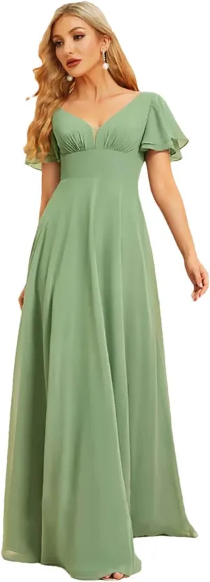 Elegant Evening Dresses Long A-LINE Short Sleeve V-Neck Floor-Length Chiffon Simple Bridesmaid Women Dress Prom